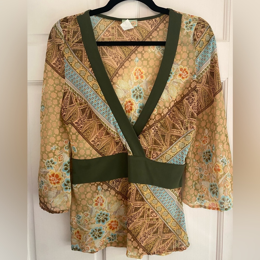 Vintage Flamingo (brand) Multicolor Floral‎ Patterned Sheer V-Top Large/L E